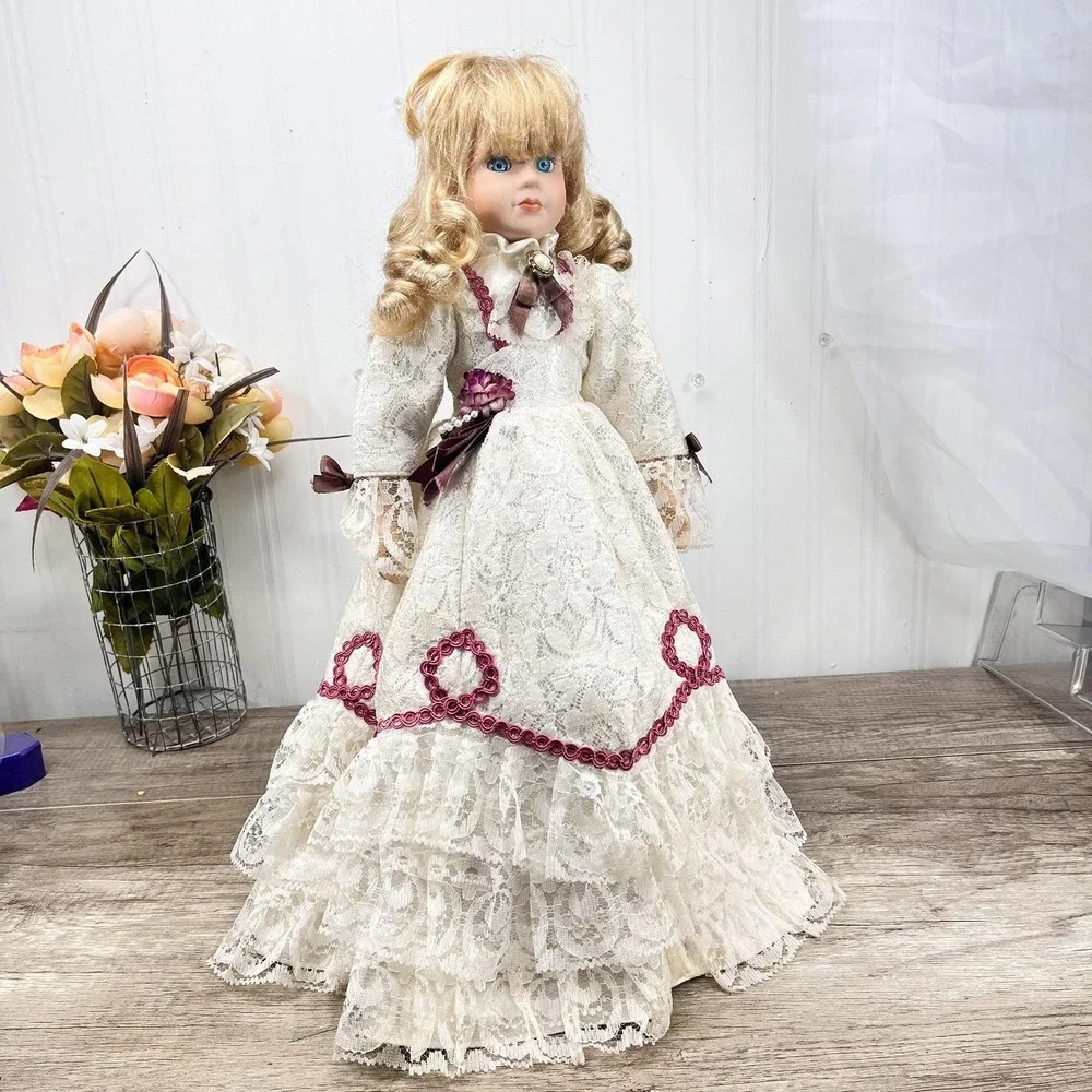 Vintage Porcelain‎ Doll, Painted Face Collectible Doll in Lace Dress